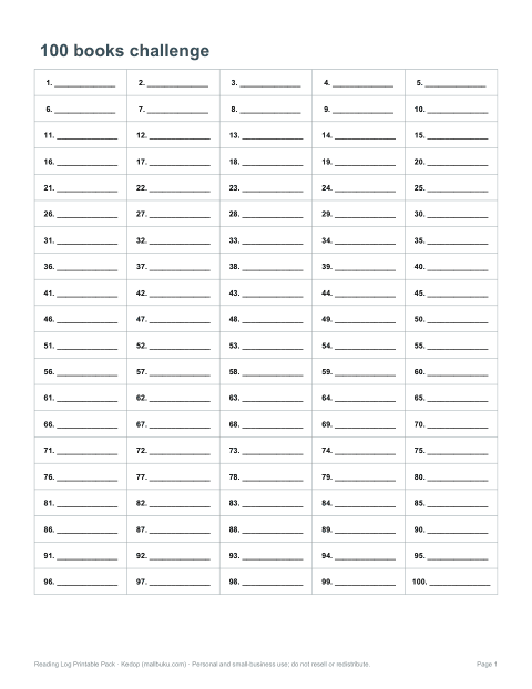 Preview of the first page of 100-book tracker (PDF)