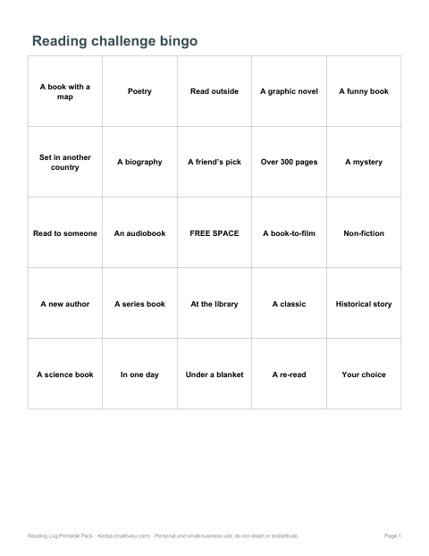 Preview of the first page of Reading bingo (PDF)