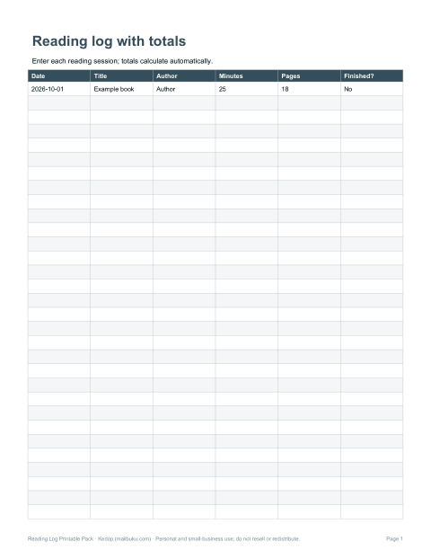 Preview of the first page of Excel log (XLSX)