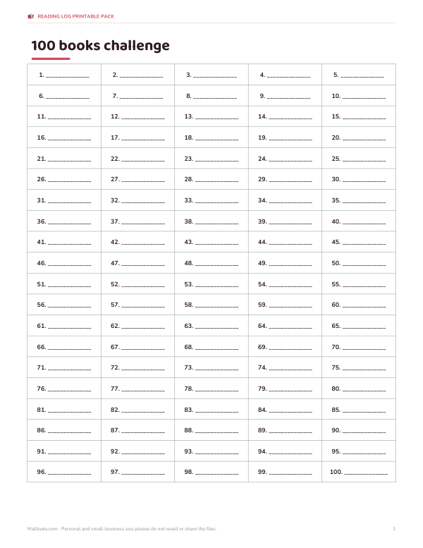 Preview of Printable 100 Book Reading Log