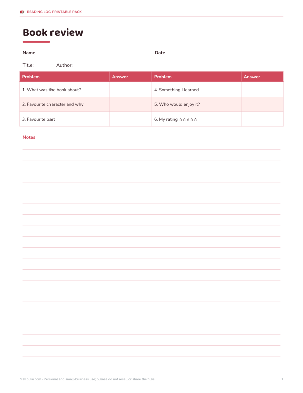 Preview of Printable Book Review Sheet
