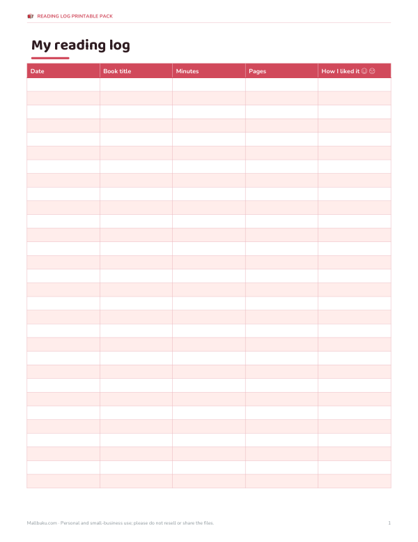 Preview of Printable Reading Log