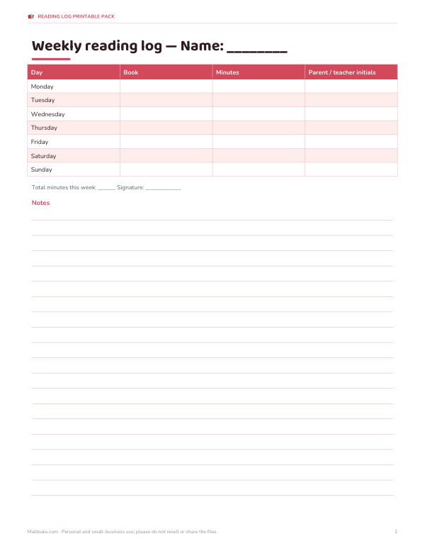 Preview of Weekly Reading Log Printable
